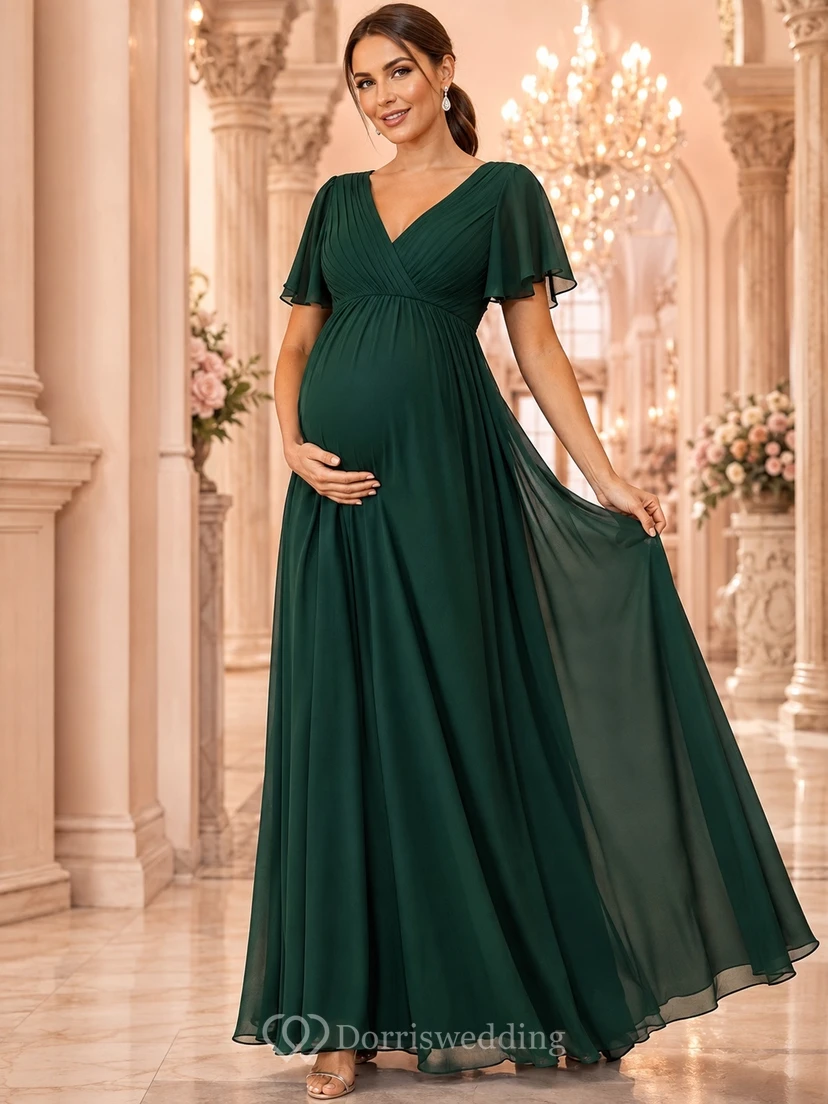 Maternity Dark Green Short Sleeve Chiffon Empire Floor-Length Evening Gown