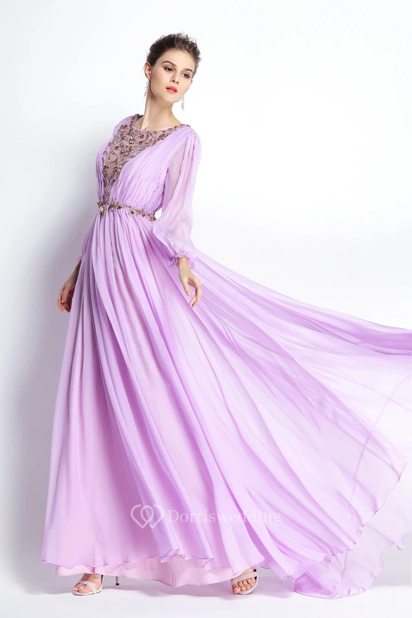 A-Line Floor-length Sweep Brush Train Bateau Chiffon Long Sleeve Prom Dress with Beading and Pleats view 3