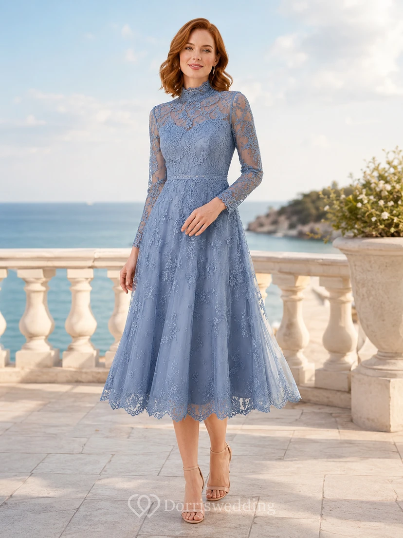 Robe de thé en dentelle bleu acier à col montant