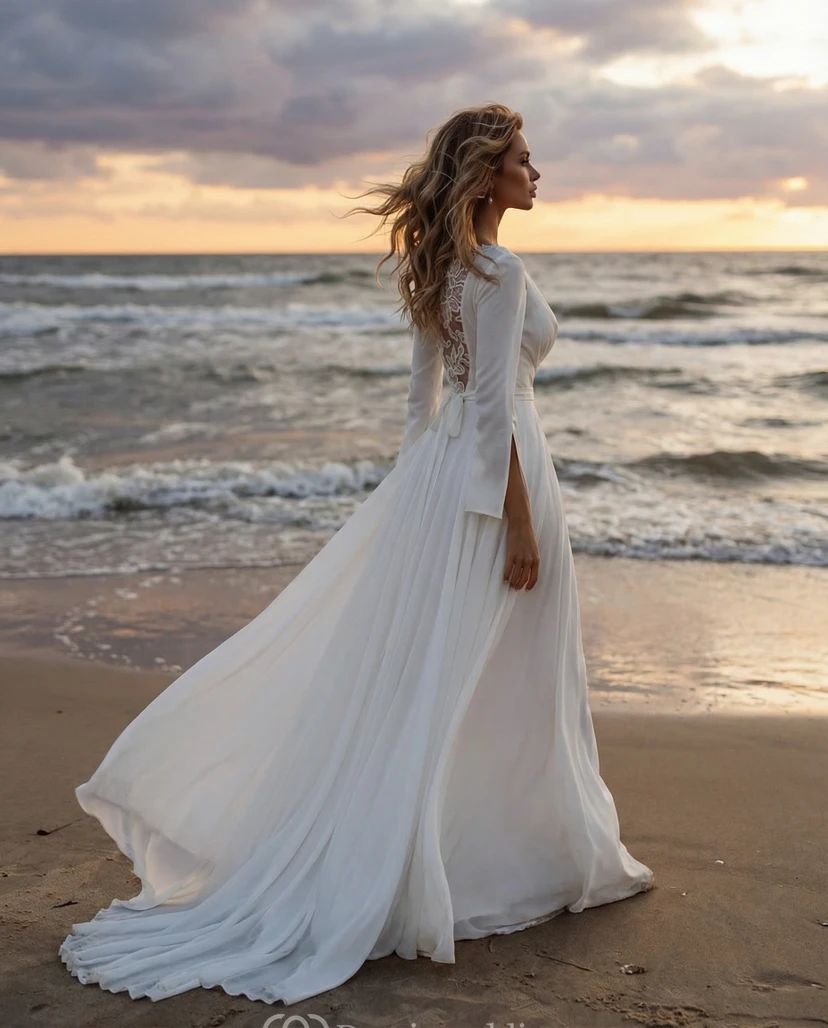 Boho-Brautkleid mit langen Ärmeln und fließendem Rock view 3