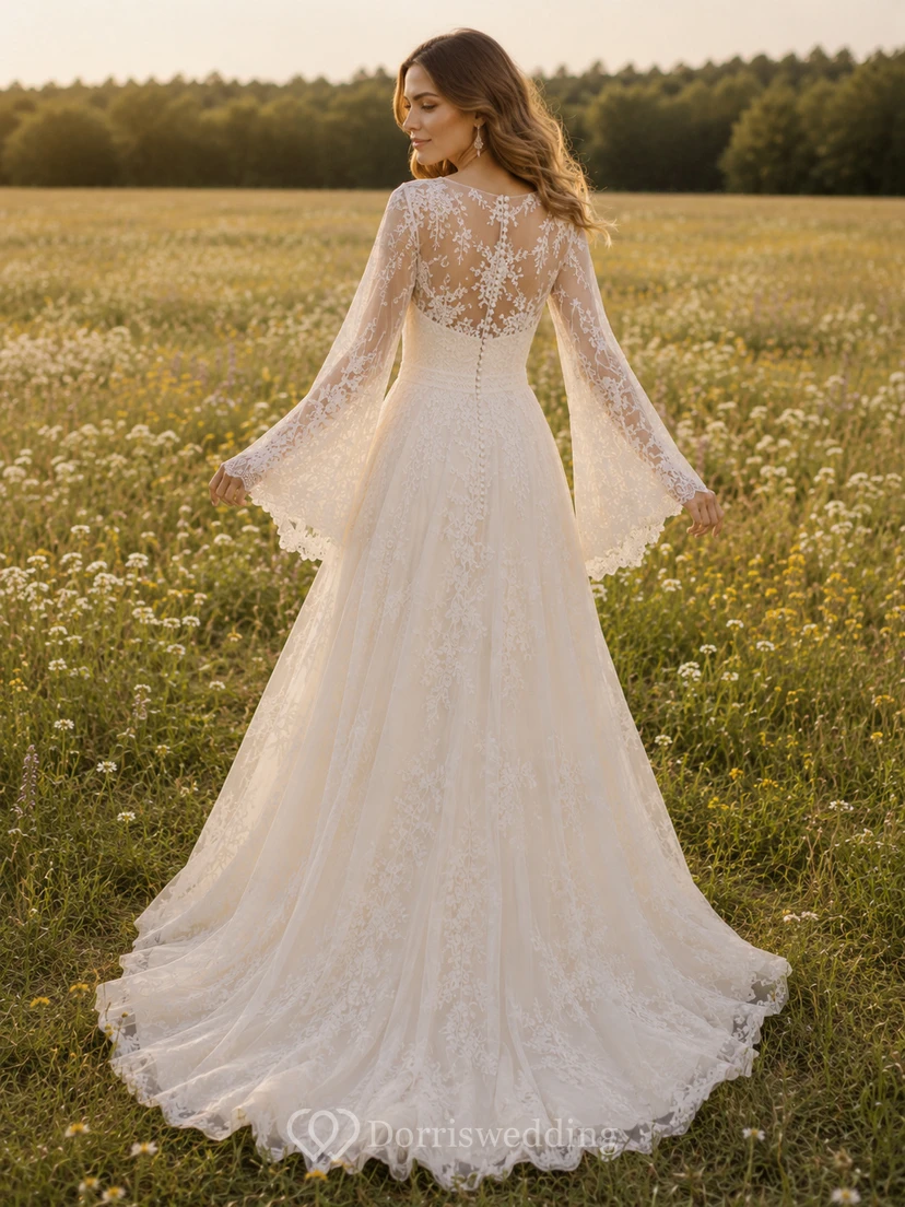 Boho Illusion Bateau Long Bell Sleeve Lace Tulle A-Line Wedding Dress view 2
