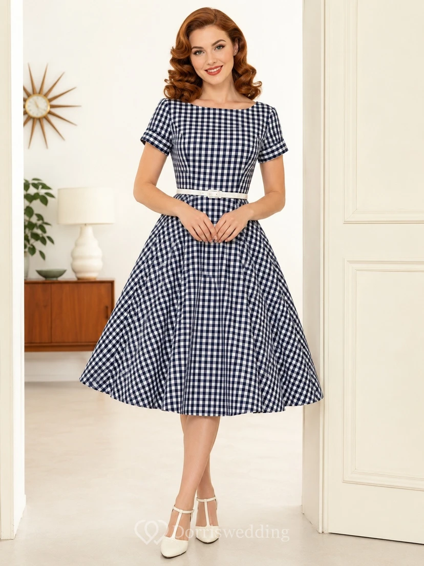 Vintage Gingham Square-Neck Short-Sleeve A-Line Tea-Length Occasion Dress