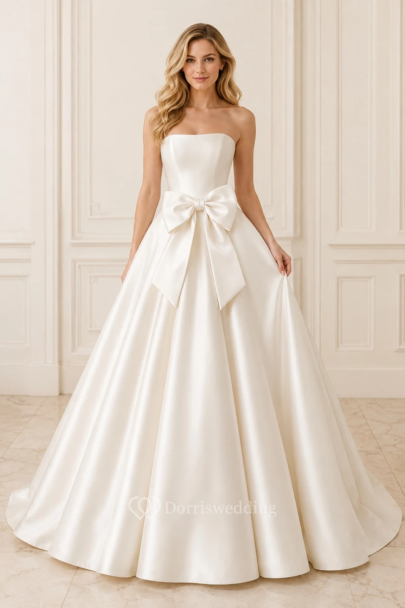 Vestido de novia de satén, estilo princesa, sin tirantes, con cola larga y espalda descubierta.