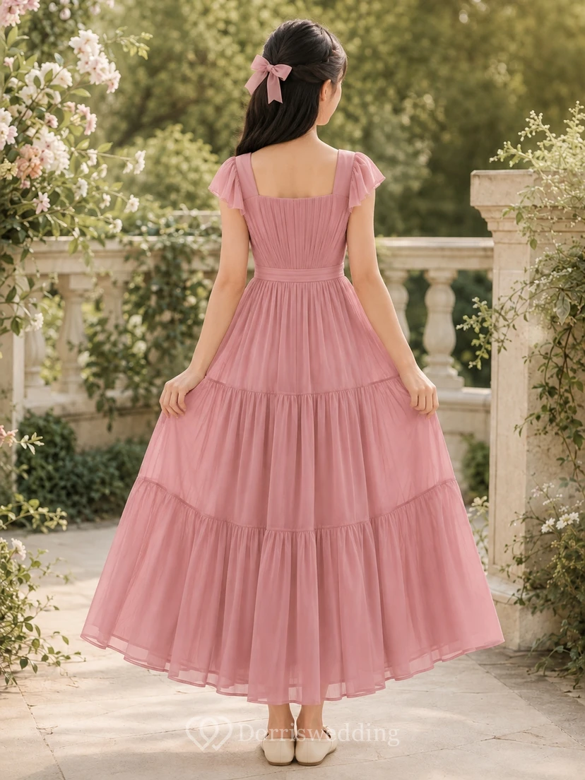 Romantisches, bodenlanges Chiffonkleid für junge Brautjungfern in Altrosa mit Puff-/Ballonärmeln, quadratischem A-Linien-Schnitt view 2