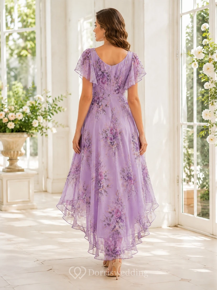 Lavender Floral V-Neck Flutter Sleeve Chiffon High-Low Guest Dress view 2