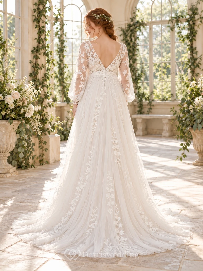 Maternity Long Sleeve V-neck Floral Lace Empire Bridal Wedding Dress view 2