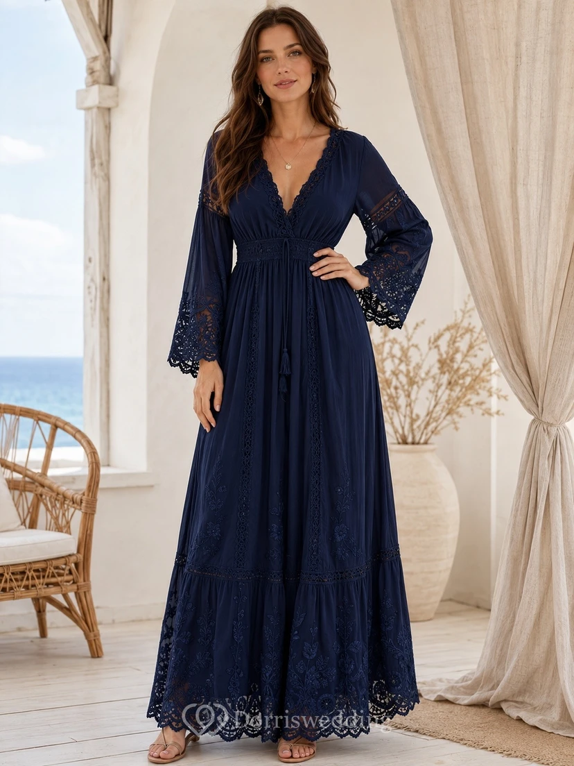 Vestido largo bohemio de manga larga, cuello en V, encaje, corte en A