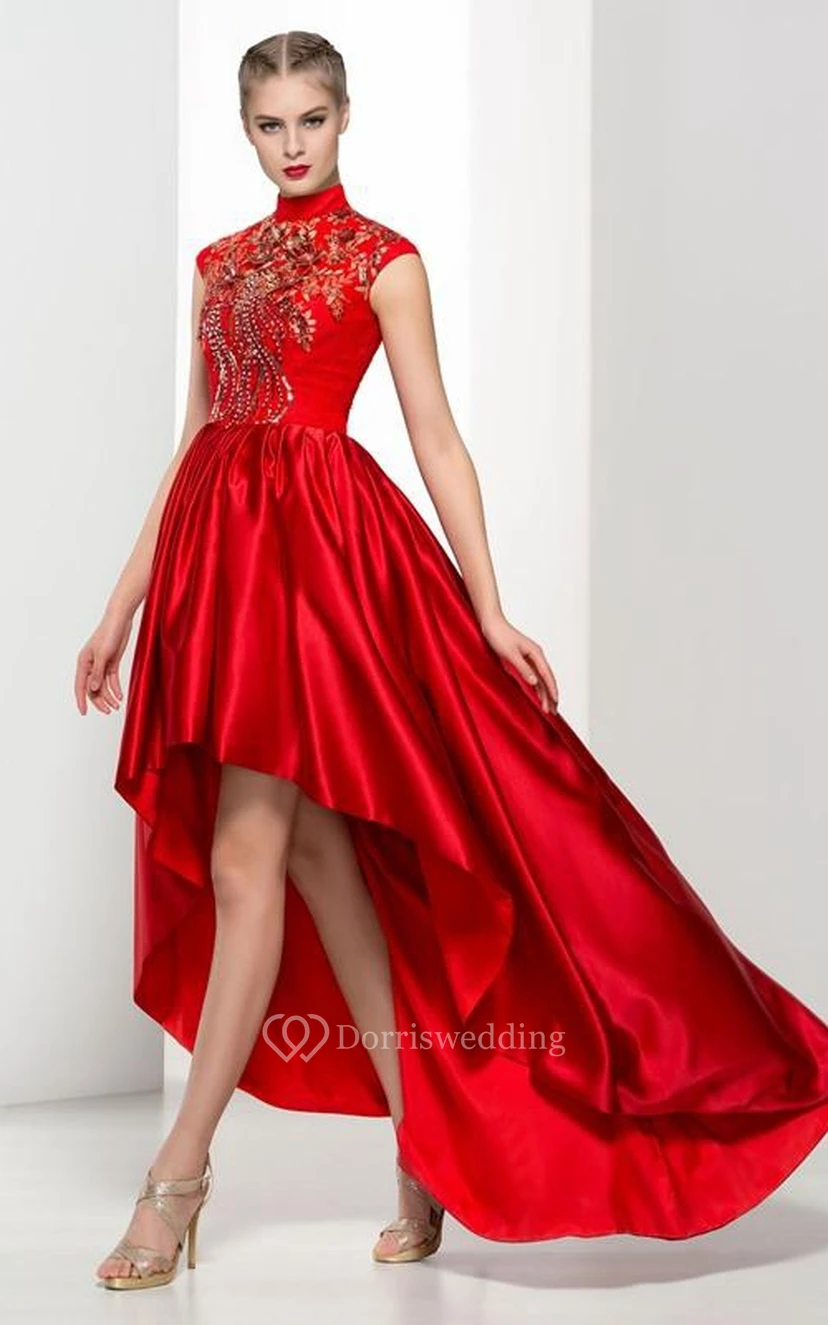 High Neck Cap Sleeves Appliques Beading Asymmetry Prom Dress view 3