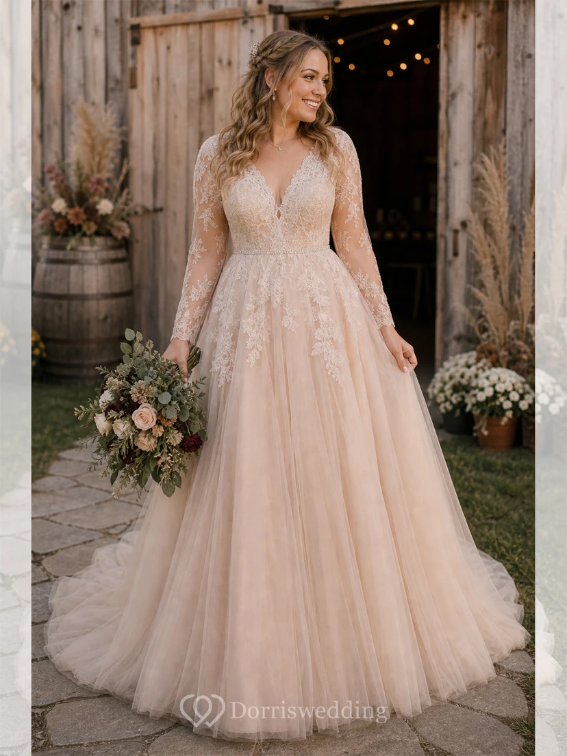 Elegante vestido de novia de corte A, largo hasta el suelo, con cola, mangas largas y apliques. view 10