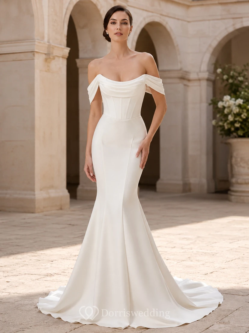 Robe de mariée sirène en satin drapé à épaules dénudées et traîne simple