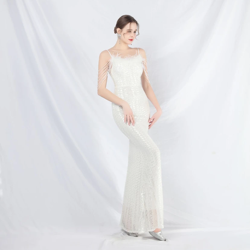 Craft Beaded Ostrich Feather Fantasy Sequined Long Evening Dress view 58