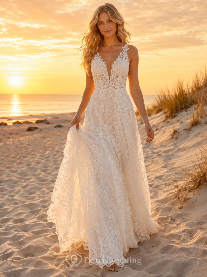 Open Back Bohemian Lace Beach Sunset Bridal Gown