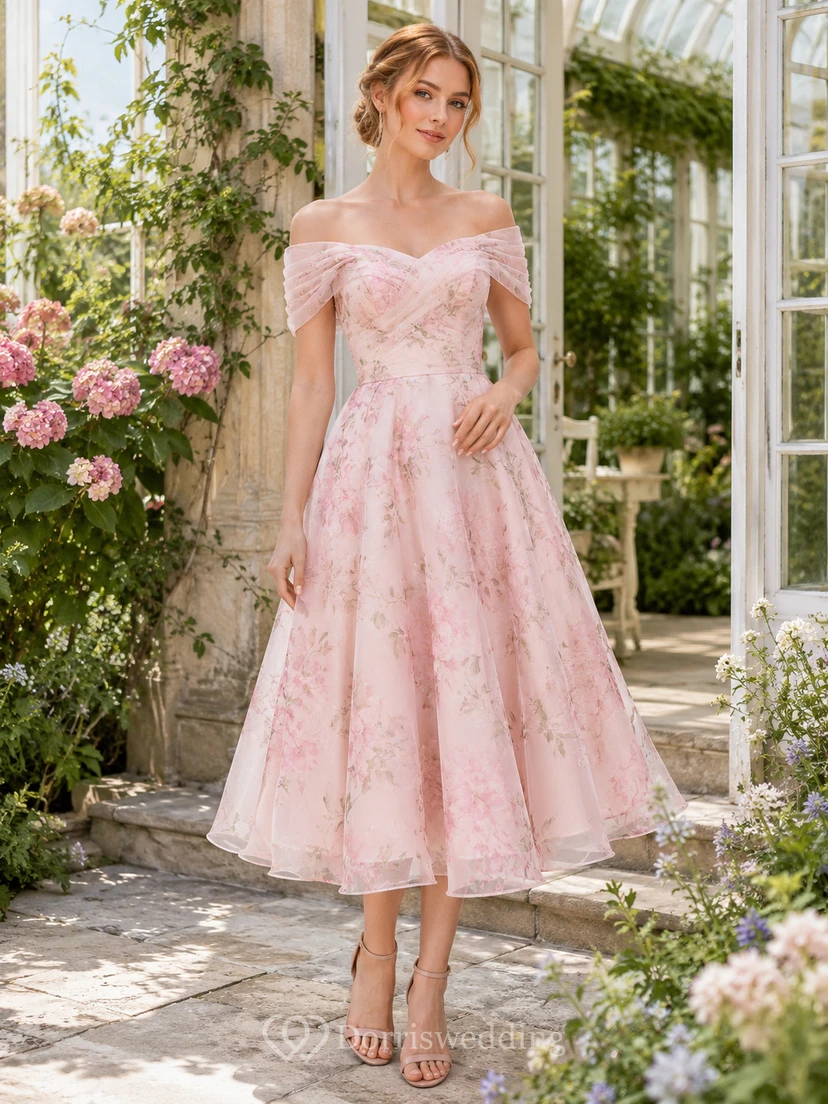 Blush Garden Wedding Guest Dress A-Line Chiffon Lace Off Shoulder Sleeveless Tea-Length Floral