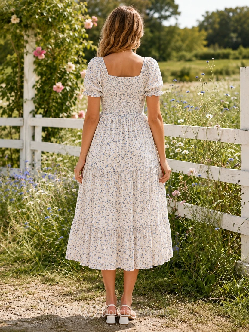 Robe de campagne ivoire à imprimé floral, manches bouffantes, coupe trapèze, col carré, longueur thé view 2
