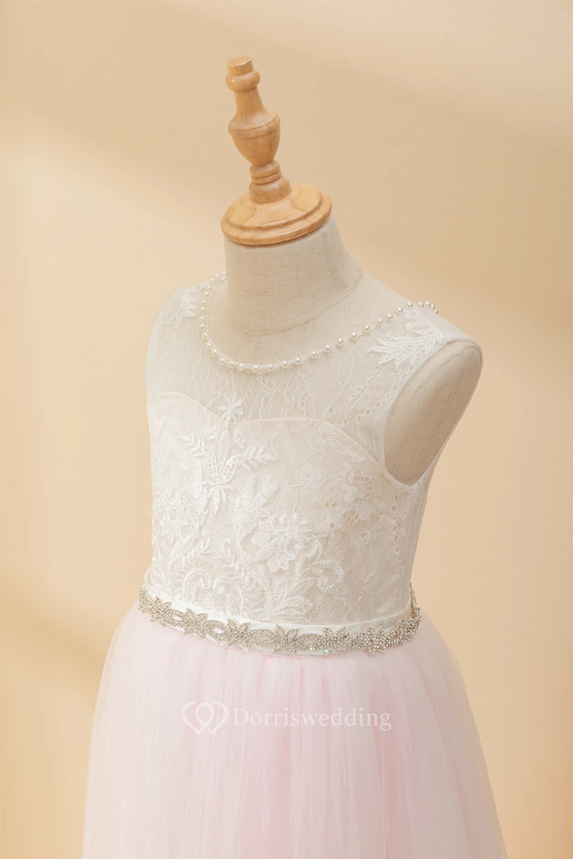 Angel Lace Scoop-neck Sleeveless Tulle Beaded Applique Flowergirl Dress view 8