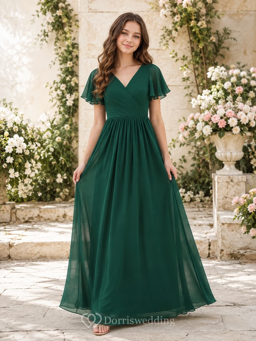Dunkelgrünes Brautjungfernkleid für junge Damen, A-Linie, V-Ausschnitt, kurze Blütenblattärmel, elegant und romantisch