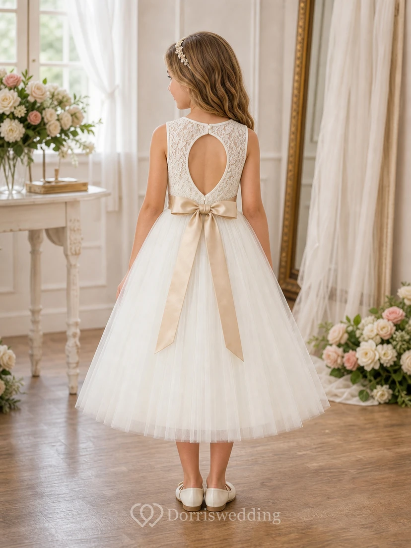 Scoop Sleeveless White First Communion A-line Tulle Bow Keyhole Back Flowergirl Dress view 2