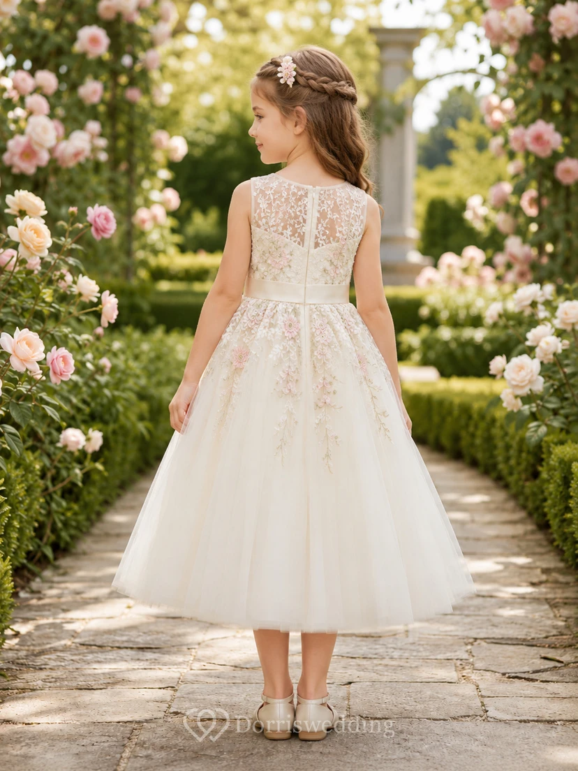 Vestido de niña de flores de corte A para jardín de primavera con mangas cortas, corpiño de encaje floral, tul hasta la rodilla, cintura natural, estilo jardín de primavera view 2