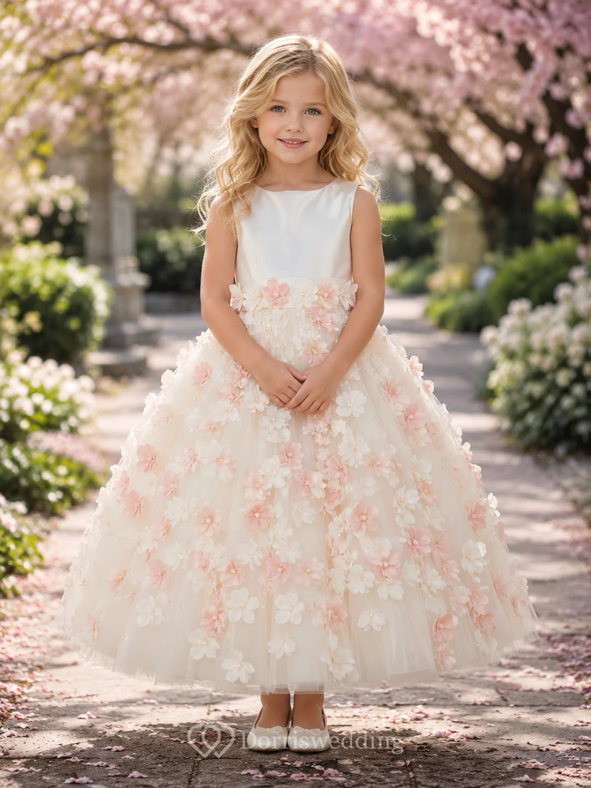 Luxuriöses 3D-Blumenmädchenkleid mit ärmellosem Tüll-A-Linien-Schnitt, skulpturalem Blumenrock, natürlicher Taille und bodenlangem Rock