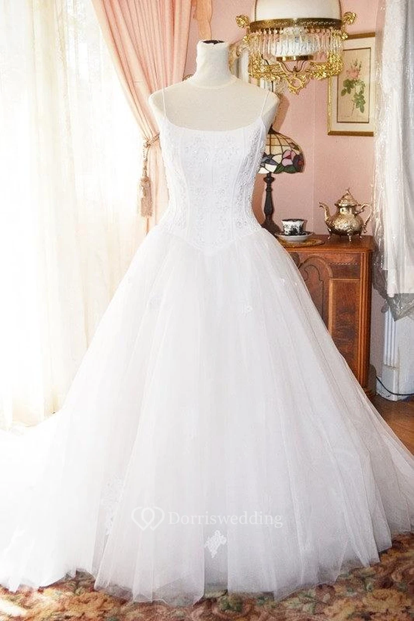 Spaghetti Straps A-Line Wedding Gown With Beaded Lace Bodice