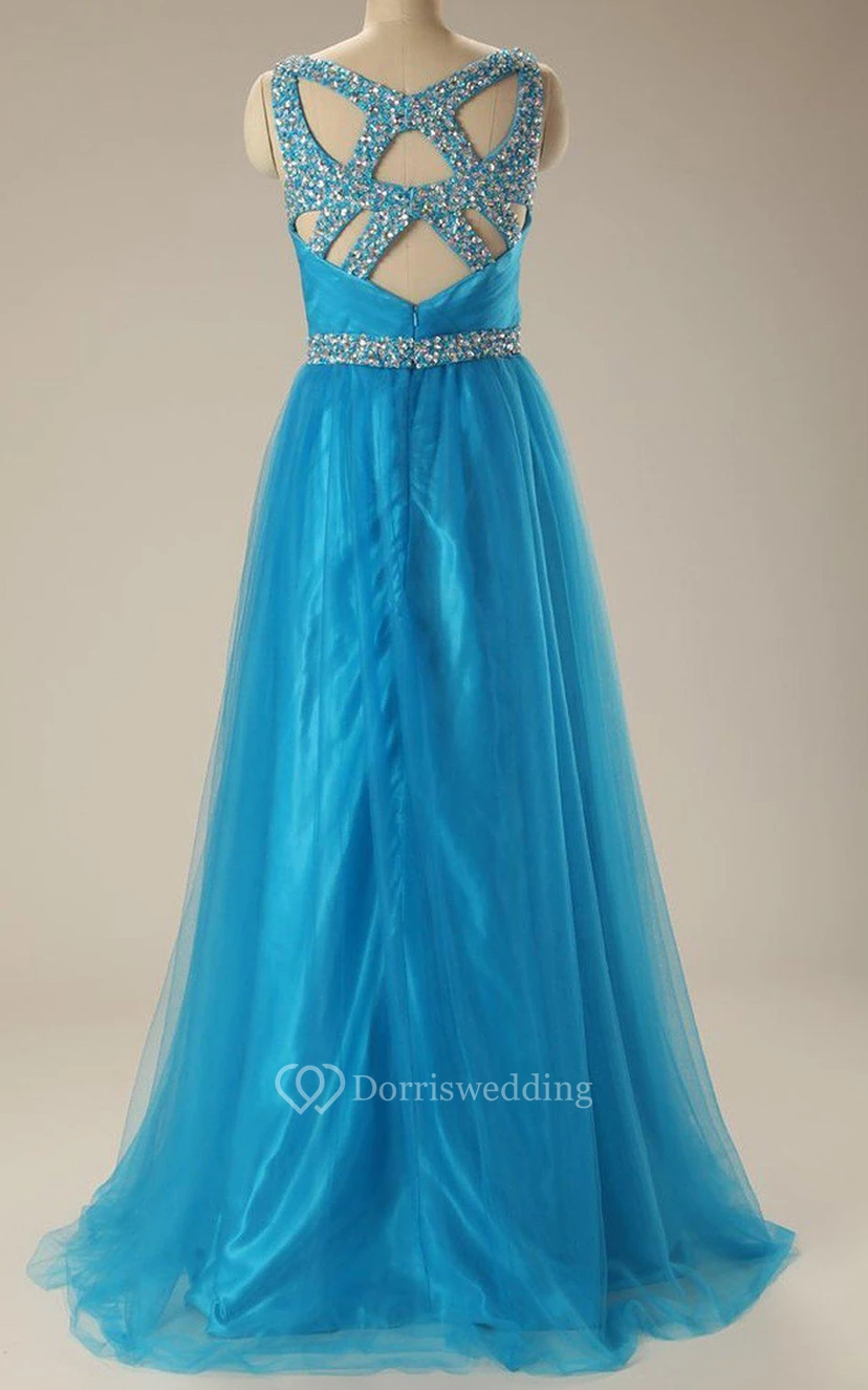 Sleeveless A-line Tulle Gown With Sequined Waistline view 3
