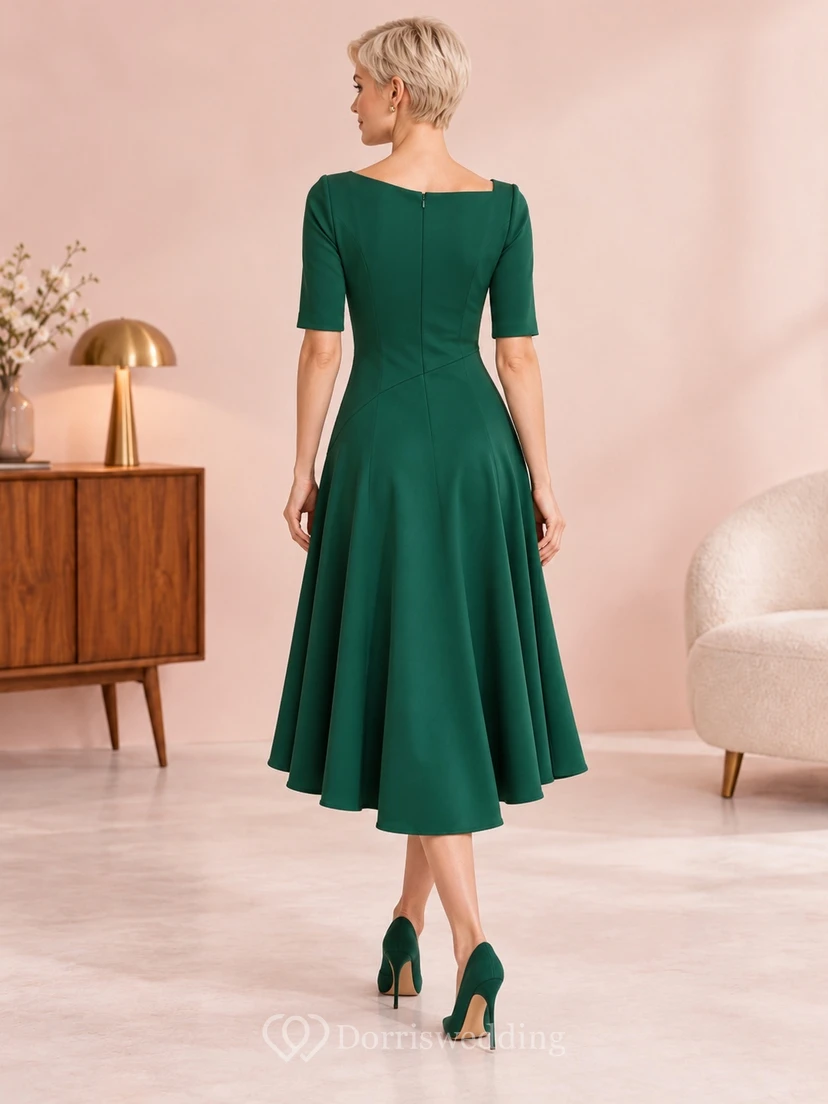 Dark Green Asymmetric Neck Elbow Sleeve Flared Guest Dress view 2