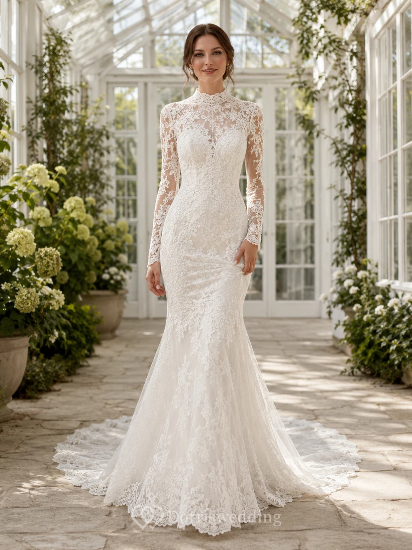 Luxury High Neck Lace Wedding Mermaid Long Illusion Sleeve Chapel Train