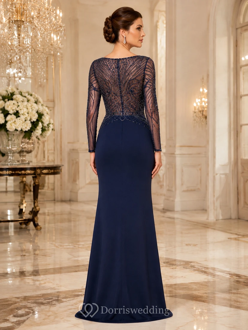 Vestido de noche formal modesto de manga larga, estilo barcoau, color azul marino oscuro medianoche, con encaje y jersey, corte tubo, hasta el suelo. view 2