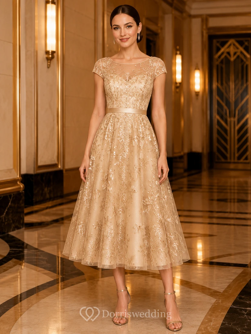 Luxury Gold Sequin Prom A Line Tea Length Scoop Neck Cap Sleeve Dress