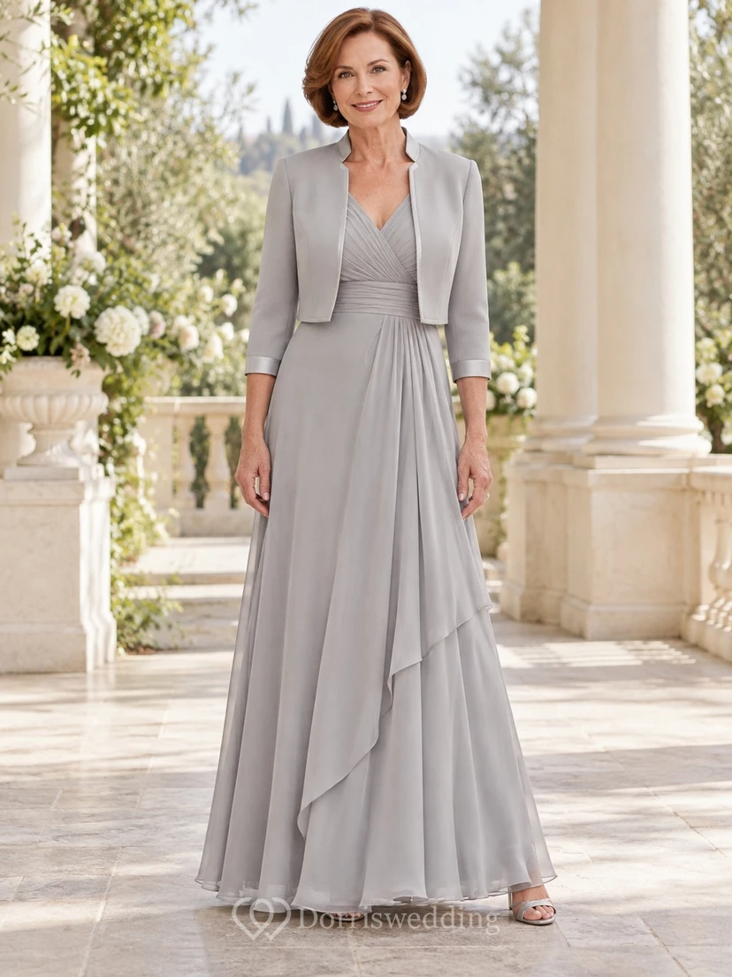 Vestido de dos piezas plateado para la madre de la novia, corte imperio, largo hasta el suelo, con chaqueta de gasa drapeada.