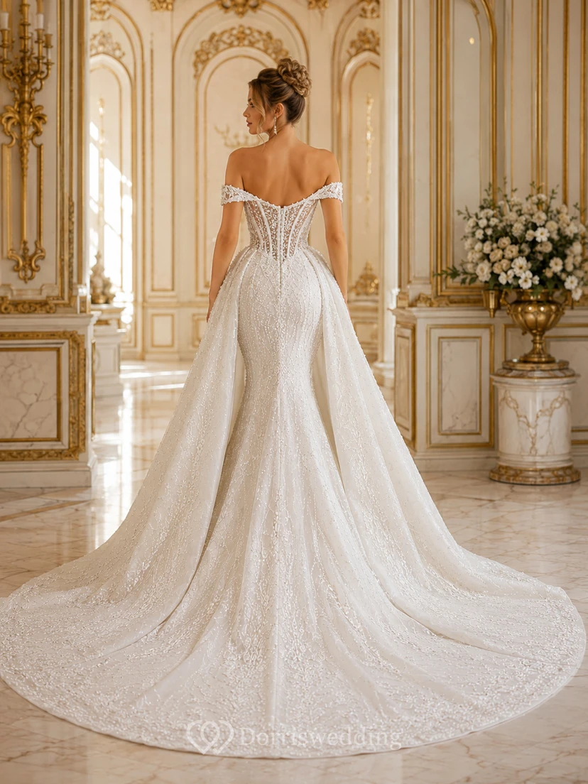 Robe de mariée sirène en dentelle avec bustier décolleté cœur et jupe longue à traîne chapelle view 2