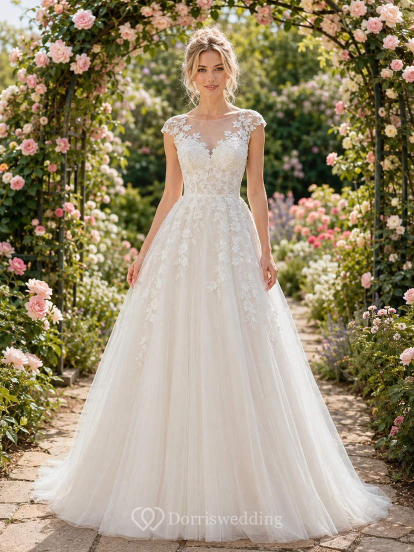 Brautkleid aus Illusion-Spitze, blühendem Garten, Tüll, A-Linie