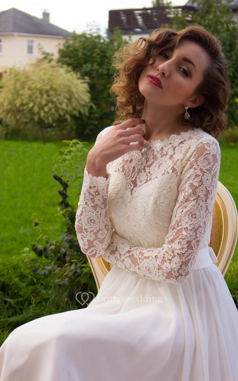 Vestido de novia de gasa, encaje y satén de manga larga view 3