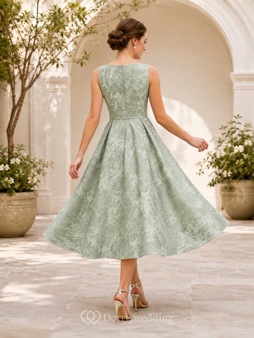 Ärmelloses, teelanges Kleid aus Jacquard-Stoff mit Rundhalsausschnitt in Salbeigrün view 2
