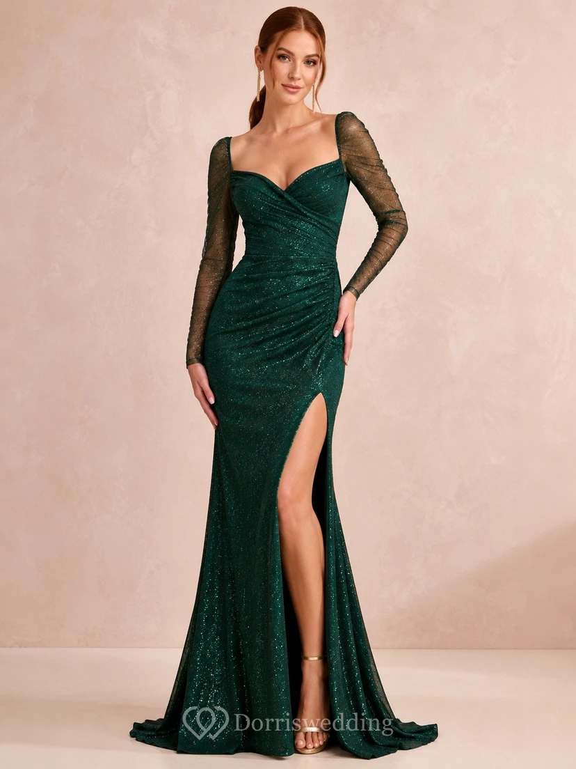 Dark Green Illusion Long Sleeve Sweetheart Slit Mermaid Dress