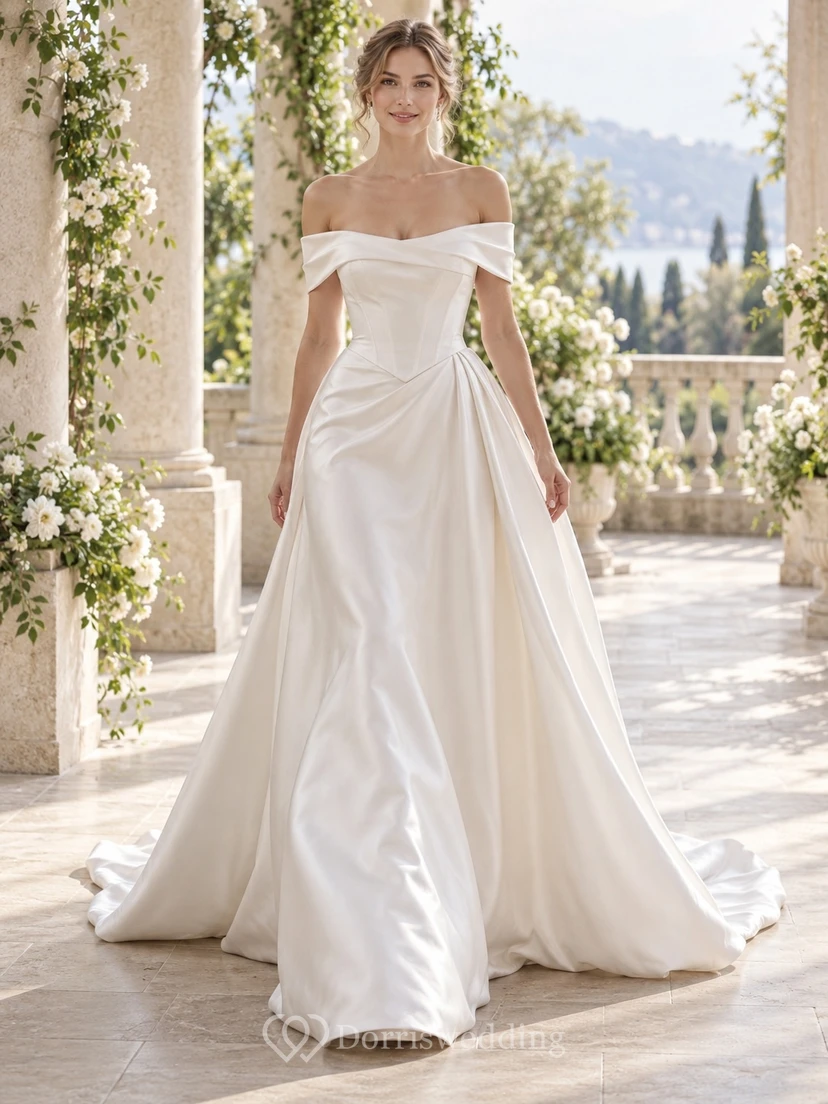 Simple Off Shoulder A-Line Diagonal Waist Draped Satin Flowing Sweeping Wedding Dress