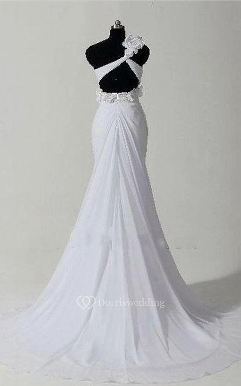 Robe sirène asymétrique sans manches à une épaule, longueur genou, ornée de fleurs et de fermeture éclair, en mousseline de soie. view 2