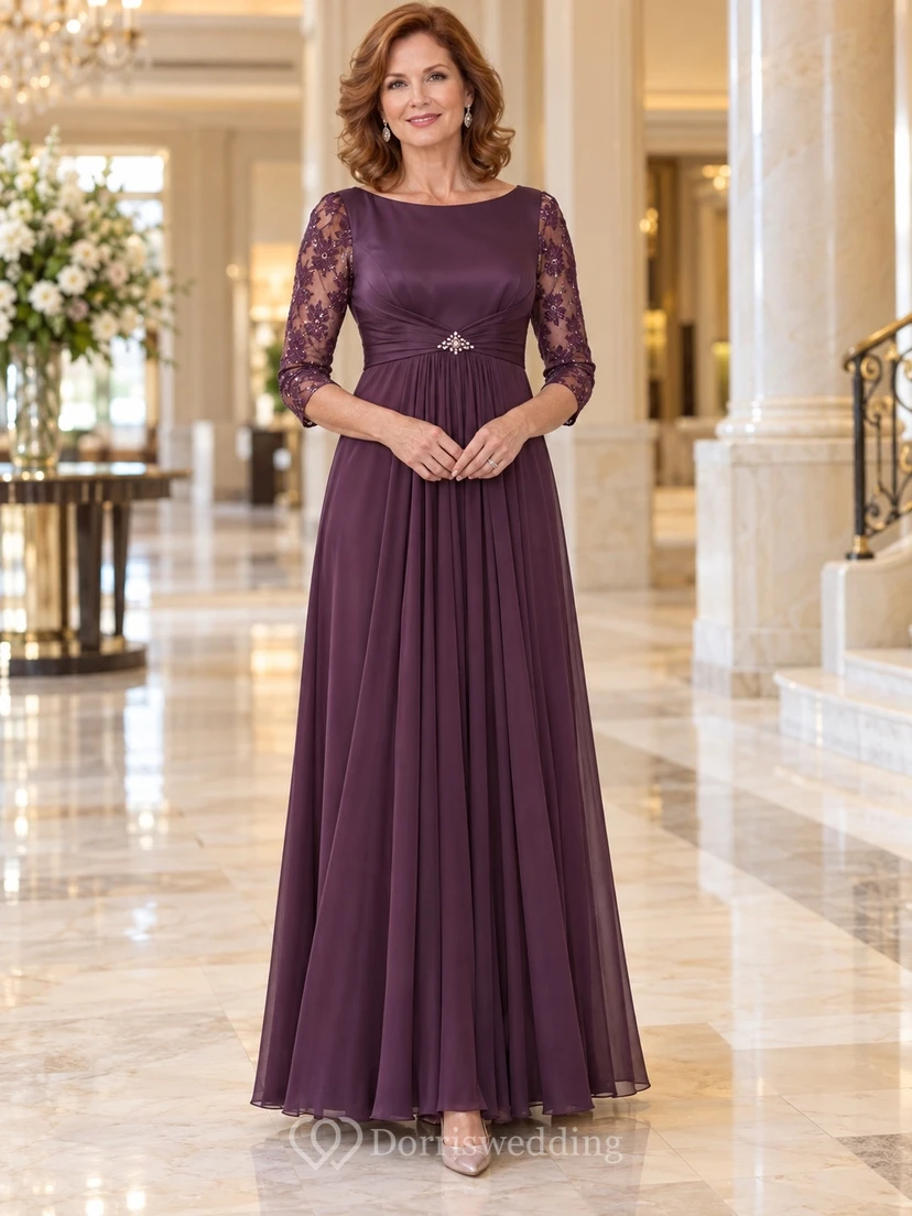 Vestido de novia de corte imperio, largo hasta el suelo, con escote barco, encaje y mangas tres cuartos, color ciruela, ideal para la madre de la novia.