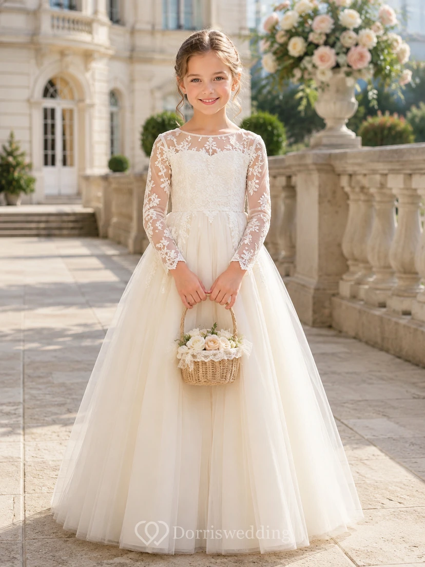 Robe de bal en tulle et dentelle à manches longues pour demoiselle d'honneur
