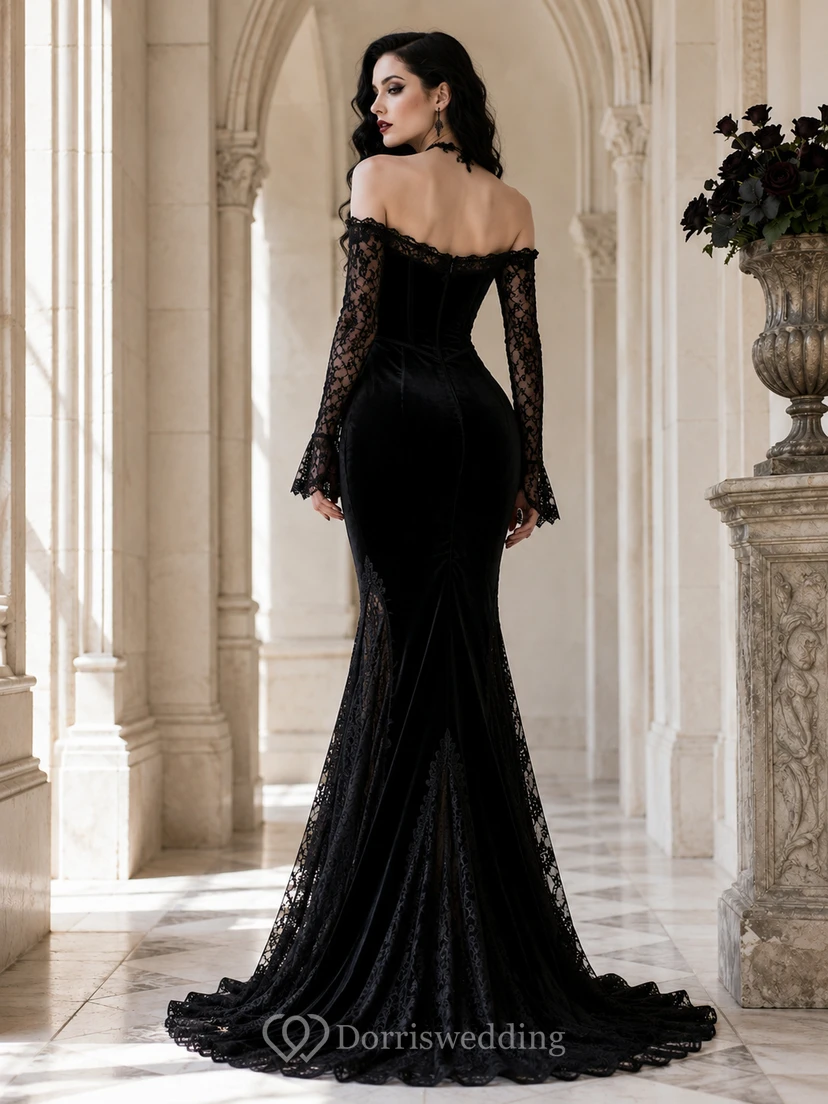 Black Gothic Off-Shoulder Long-Sleeve Velvet Lace Mermaid Chapel Gown Luxury view 2