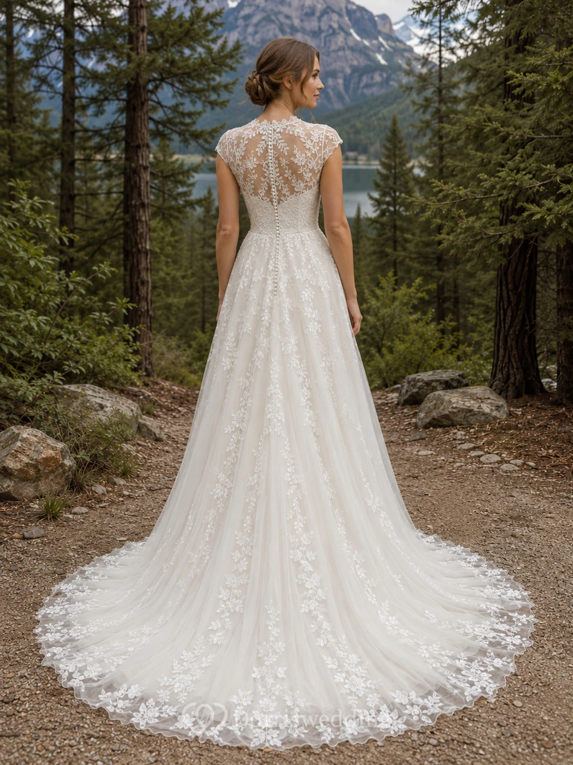 Robe de mariée trapèze en dentelle à col montant et manches courtes, dos illusion et traîne chapelle view 2