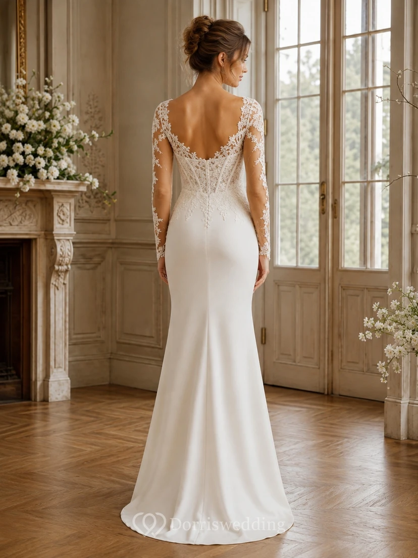 Langärmeliges Brautkleid aus Satin mit Korsett-Oberteil, Herzausschnitt und Meerjungfrauen-Schnitt, bodenlang view 2