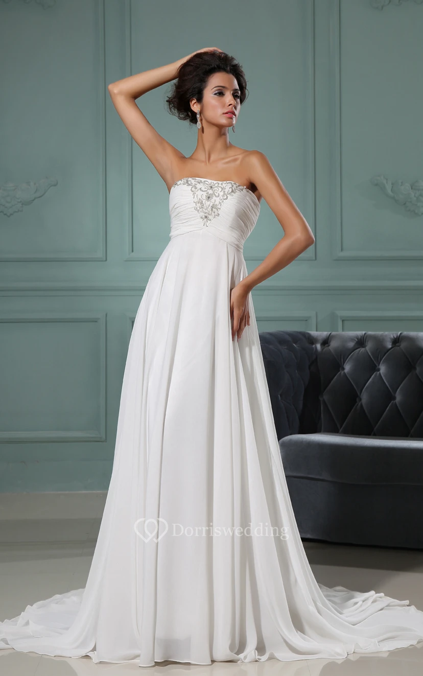 Strapless A-Line Chiffon Dress With Ruching Bodice and Applique