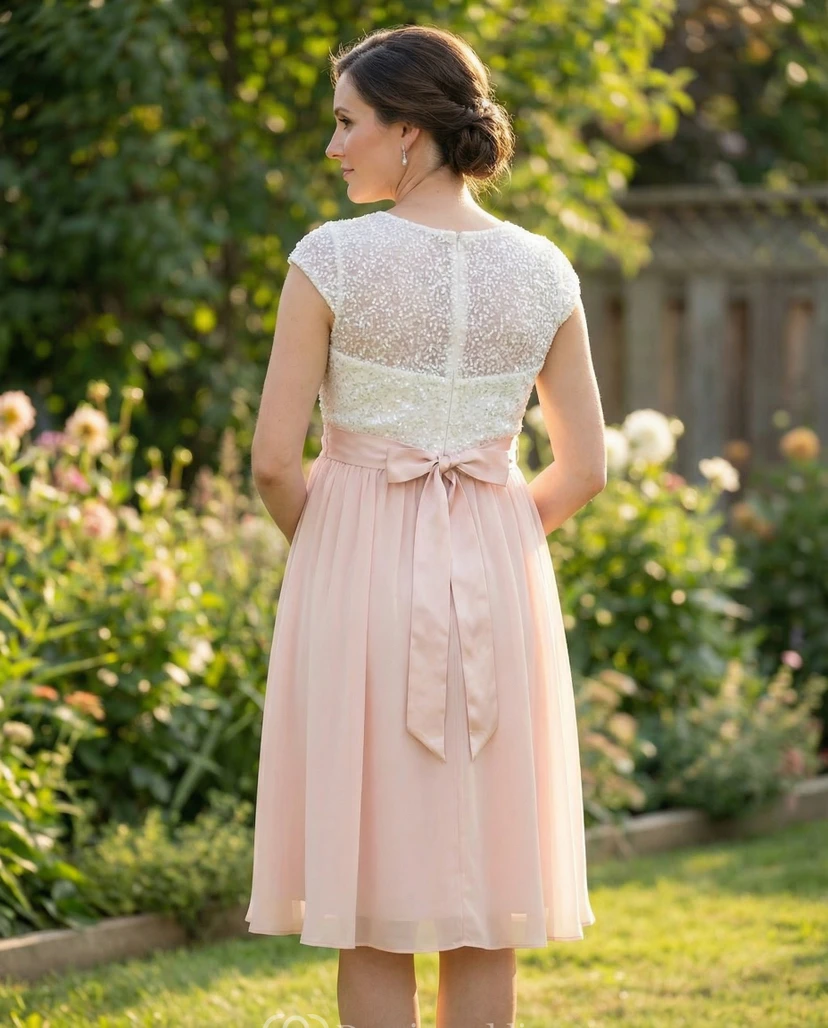 Vestido de dama de honor premamá con corpiño de encaje, mangas cortas y falda de gasa color rosa empolvado. view 2