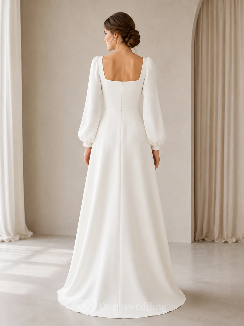 Minimalistisches Brautkleid aus Satin, A-Linie, eckiger Ausschnitt, lange Ärmel, bodenlang view 2