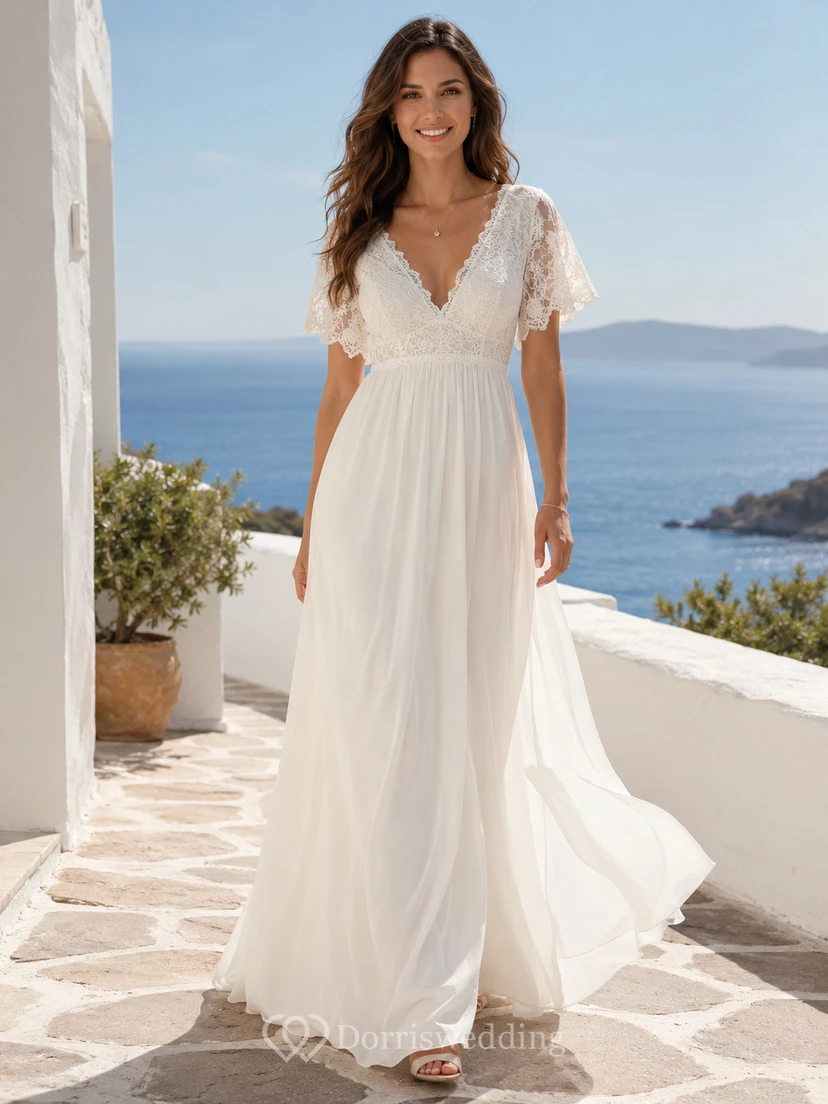 Bohemian Chiffon Abito Sposa A Line V Neck Flutter Sleeves Sweep Train