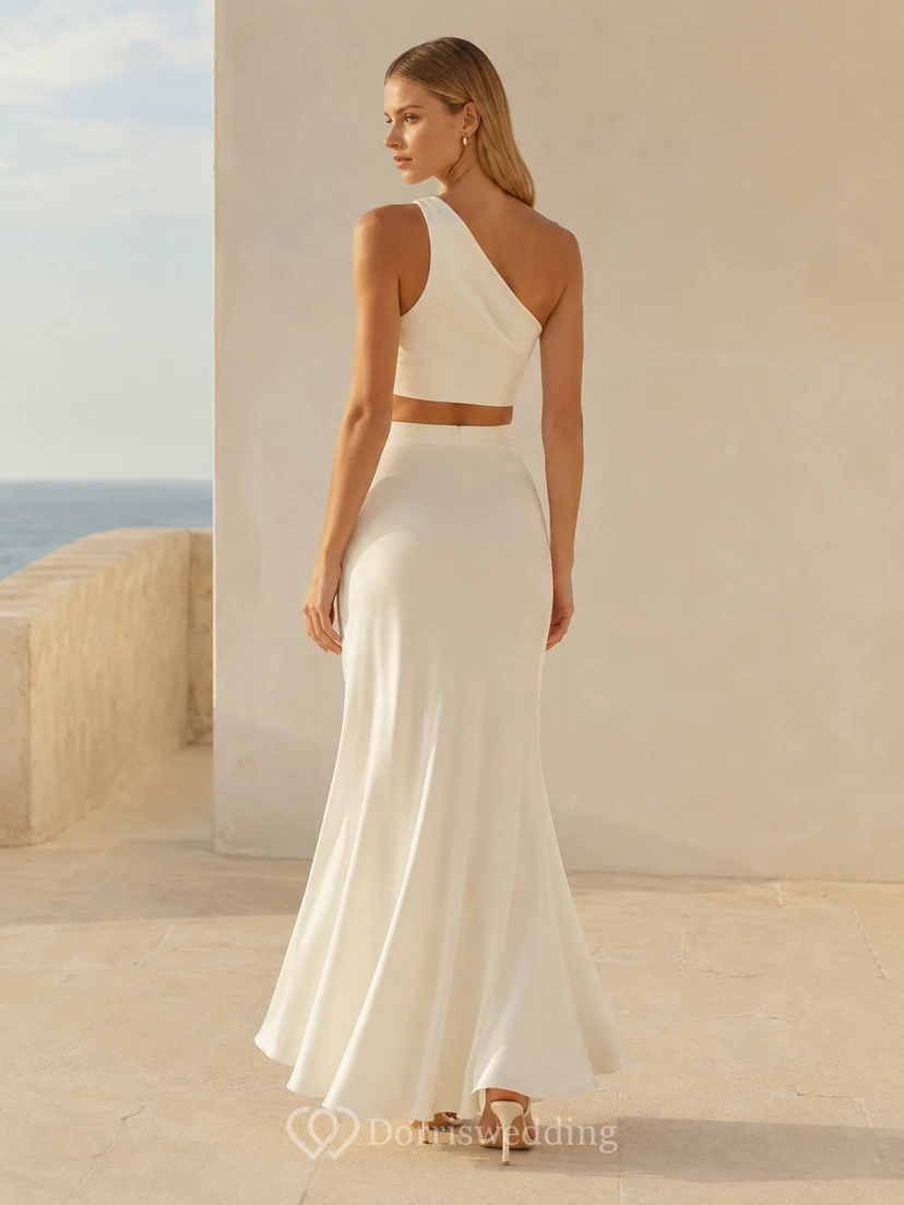 Simple Bridal Two Piece One Shoulder Backless Satin Sheath Floor Beach Wedding Outfit view 2