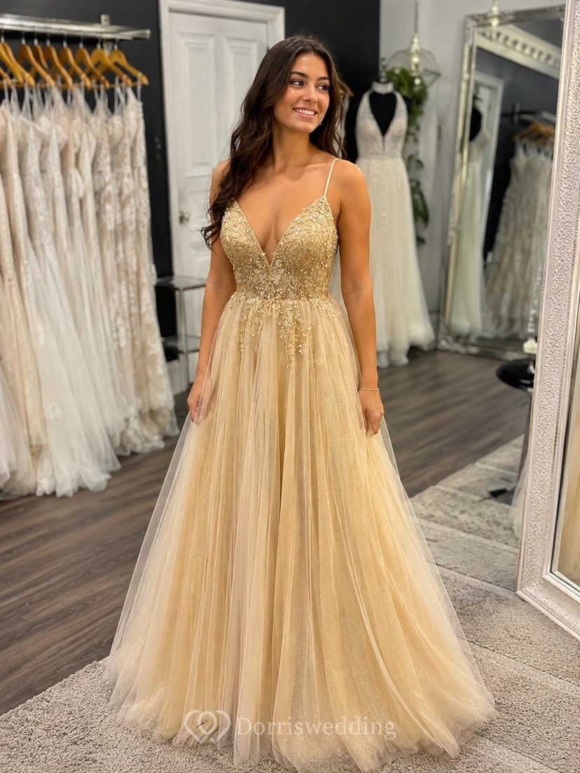 Casual Spaghetti Empire Tulle Pleated Prom Dress with Beaded Top view 8