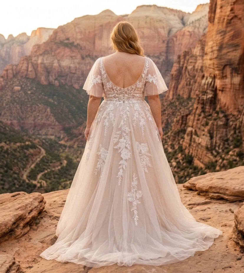 Plus Size V-Neck Lace A-Line Wedding Dress with Flutter Sleeves view 2