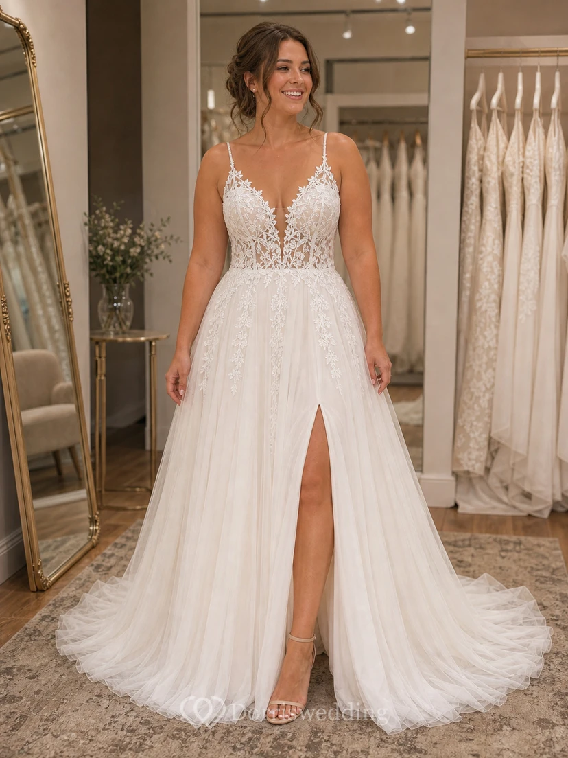 Boho Beach Wedding Dress with Spaghetti Straps, Floral Lace Bodice, High Slit & Flowing Chiffon Train view 5